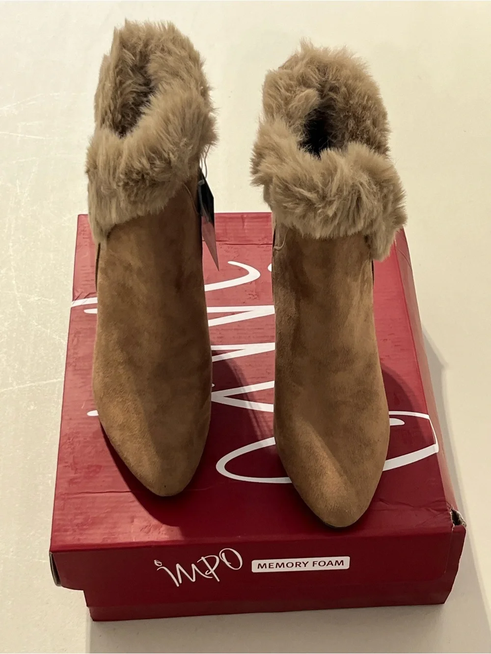 Faux Suede Fur-Trim Ankle Boots in Taupe